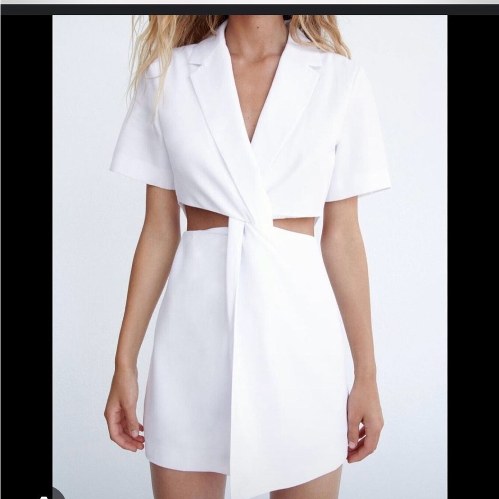 Zara White Short Sleeve Mini Dress with Waist Cutouts
